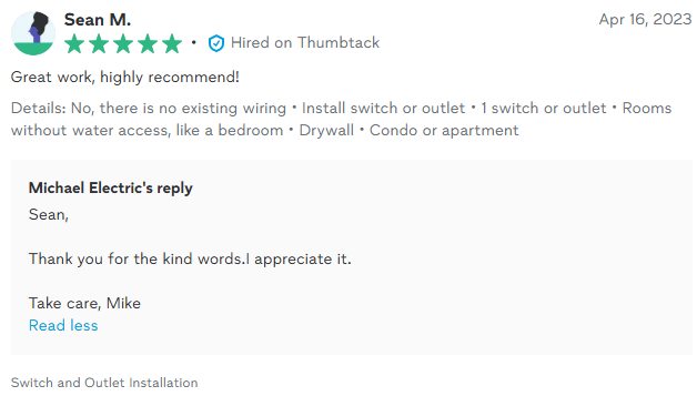 Customer review of Michael Electric, five stars, with details about installing switch/outlet, and a reply from Michael Electric.