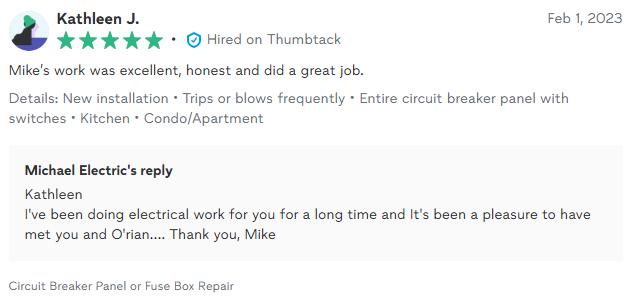 Review of Michael Electric's work, including a customer's rating and the business's reply.