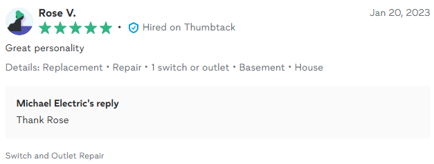 Review of electrical work by Rose V., with 5 stars. 