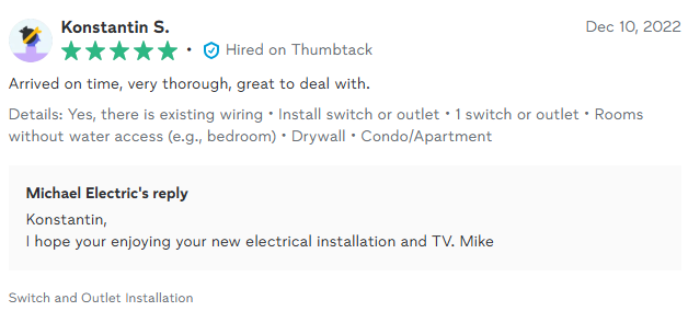 Review of electrical work by Konstantin S., with a reply from Michael Electric.