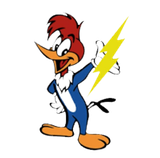 Woody Woodpecker giving a thumbs up, holding a yellow lightning bolt.