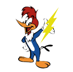 Woody Woodpecker giving a thumbs up, holding a yellow lightning bolt.