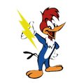 Woody Woodpecker holding a yellow lightning bolt, grinning, wearing blue, red, and white.