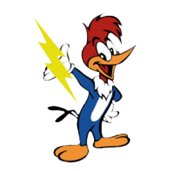 Woody Woodpecker holding a yellow lightning bolt, grinning, wearing blue, red, and white.