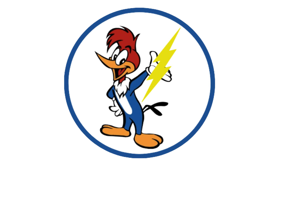 Woody Woodpecker holding a yellow lightning bolt inside a blue-ringed circle.