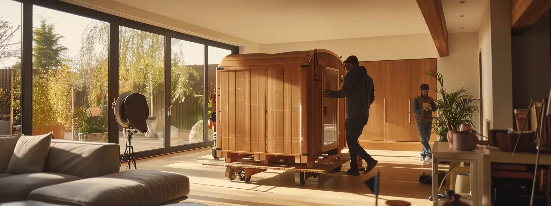 A man is moving a wooden cabinet in a living room.