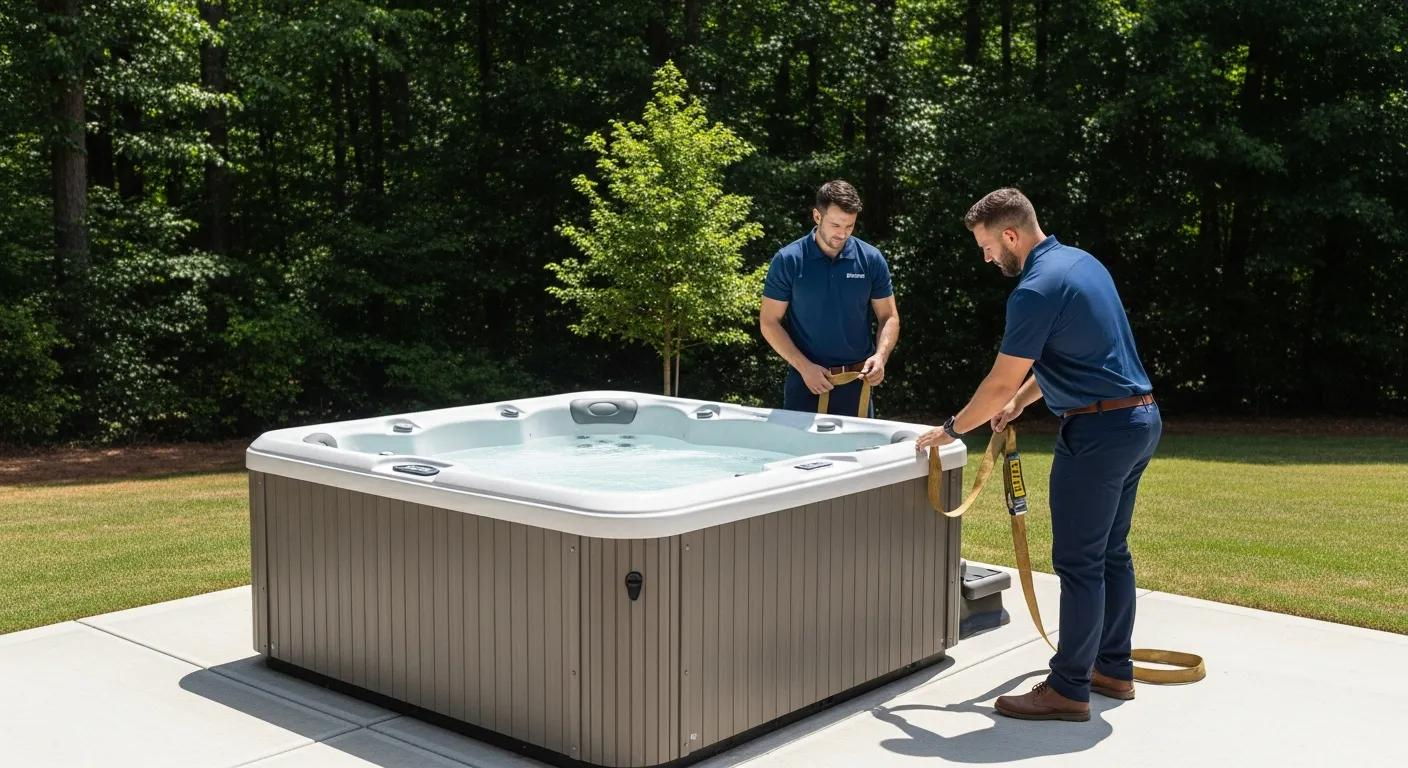 Two people inspecting a large outdoor hot tub on a patio, surrounded by trees.