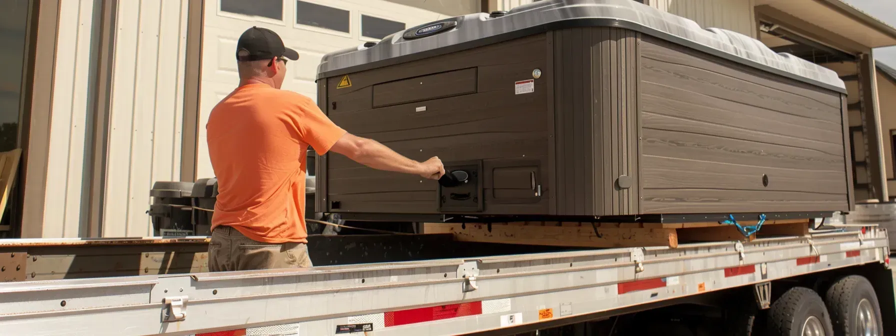 A man is loading a hot tub on a trailer.