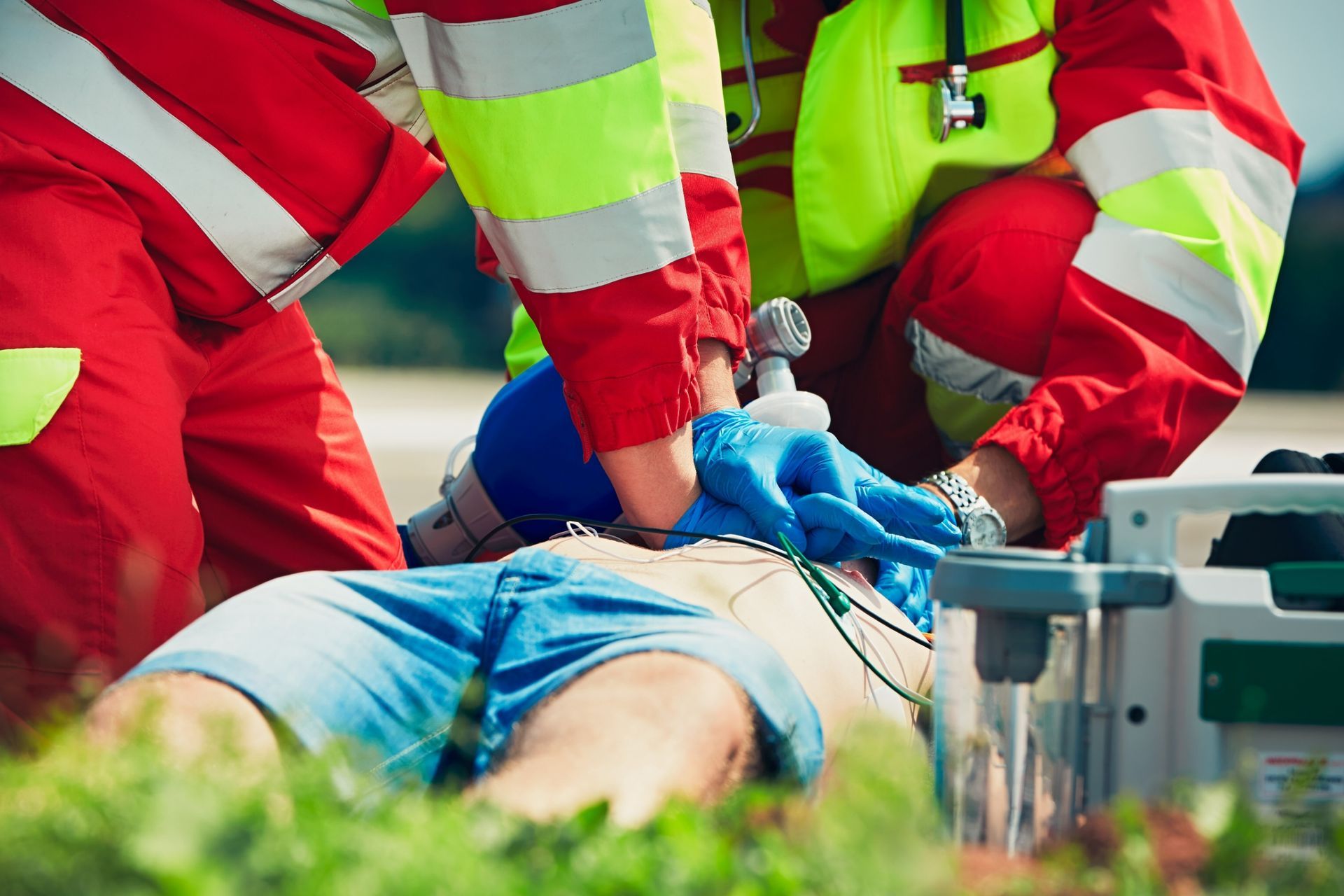 Paramedics performing CPR on a person lying on grass.