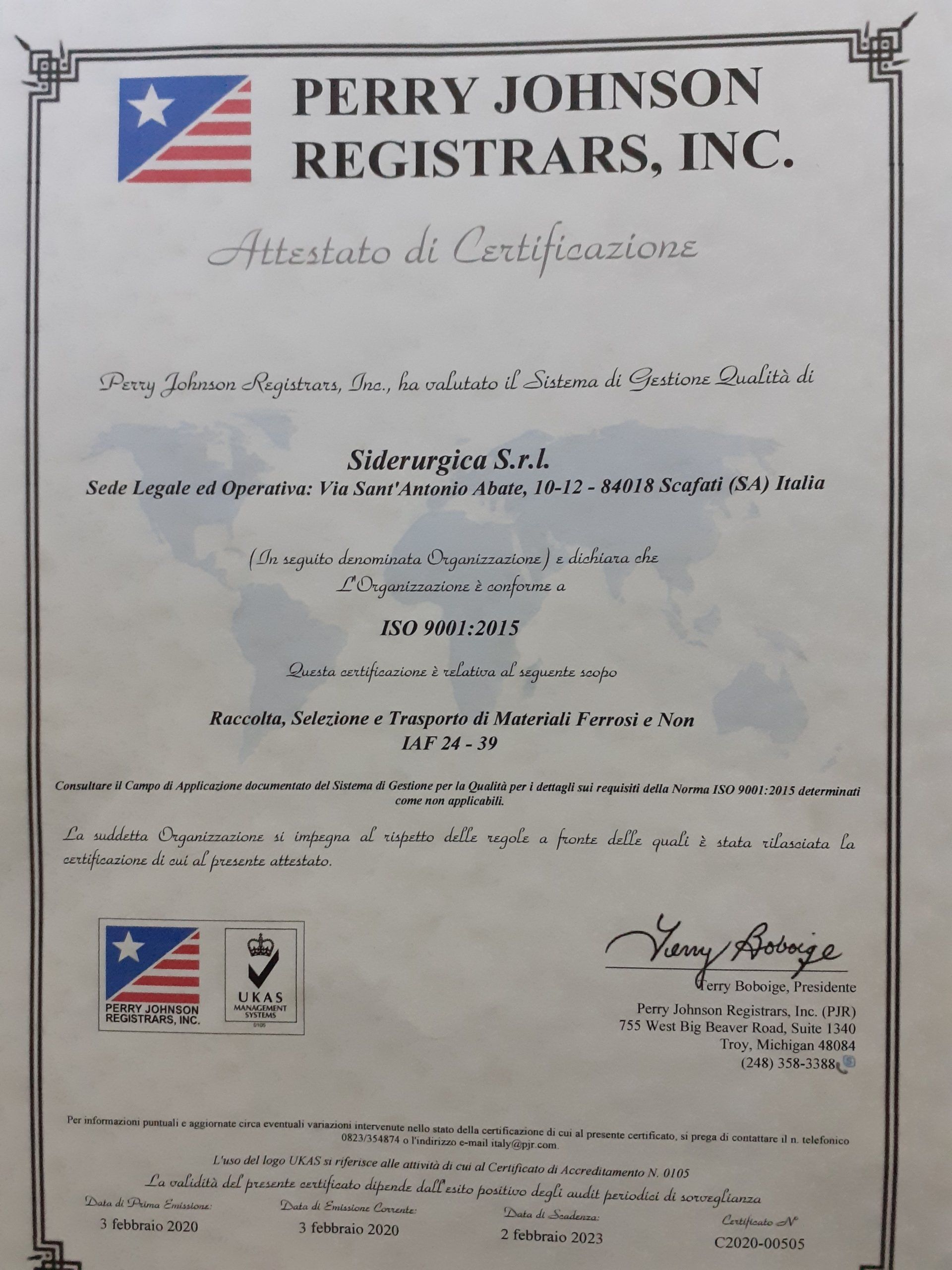 certificazione ISO 9001:2015 - Siderurgica