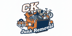 Logo for "CK Junk Removal": dumpster overflowing with junk, tiger mascot, orange and blue colors.