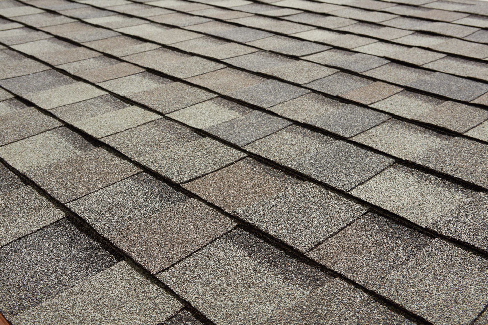 Close-up of a brown and grey asphalt shingle roof.