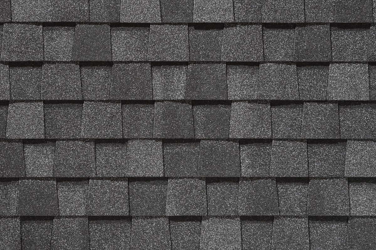 Dark gray asphalt roof shingles.