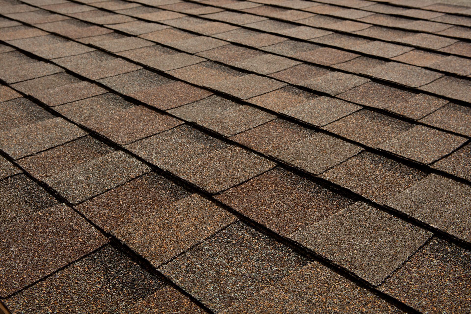 Brown asphalt shingles on a roof.