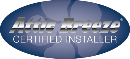 Attic Breeze Certified Installer logo on an oval blue background with a fan shape.
