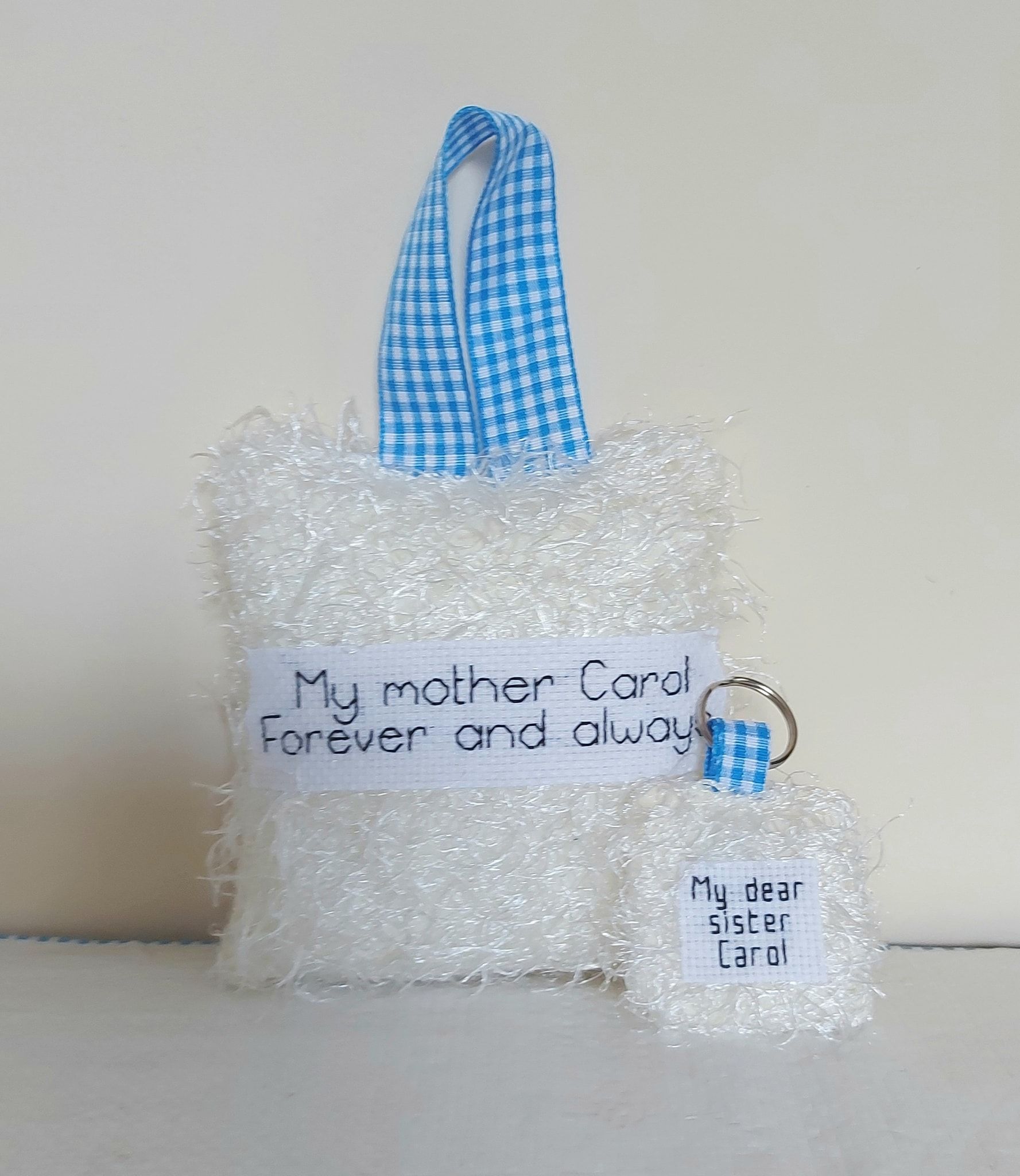 mini memories created for a wedding. Hanging cushion plus keyring made from a passed relatives clothing