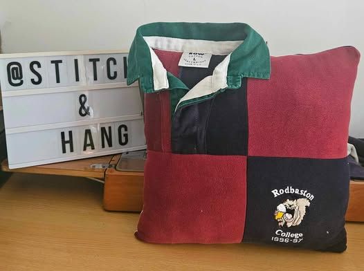 Patchwork memory keepsake cushion made from two rugby shirts
