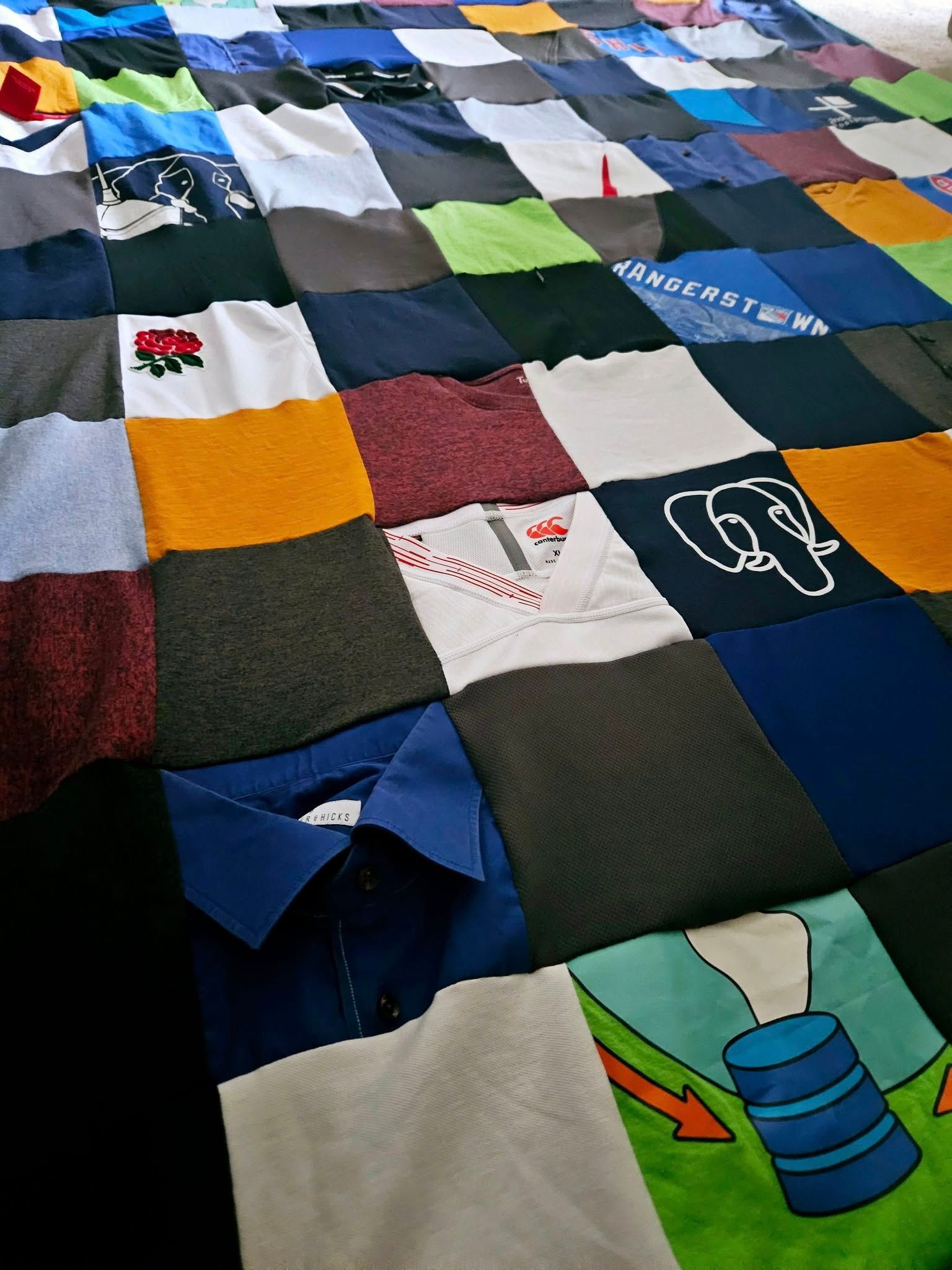 Large patchwork memory blanket made from loved ones clothing