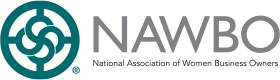 Logo of the National Association of Women Business Owners (NAWBO): teal symbol and grey text.