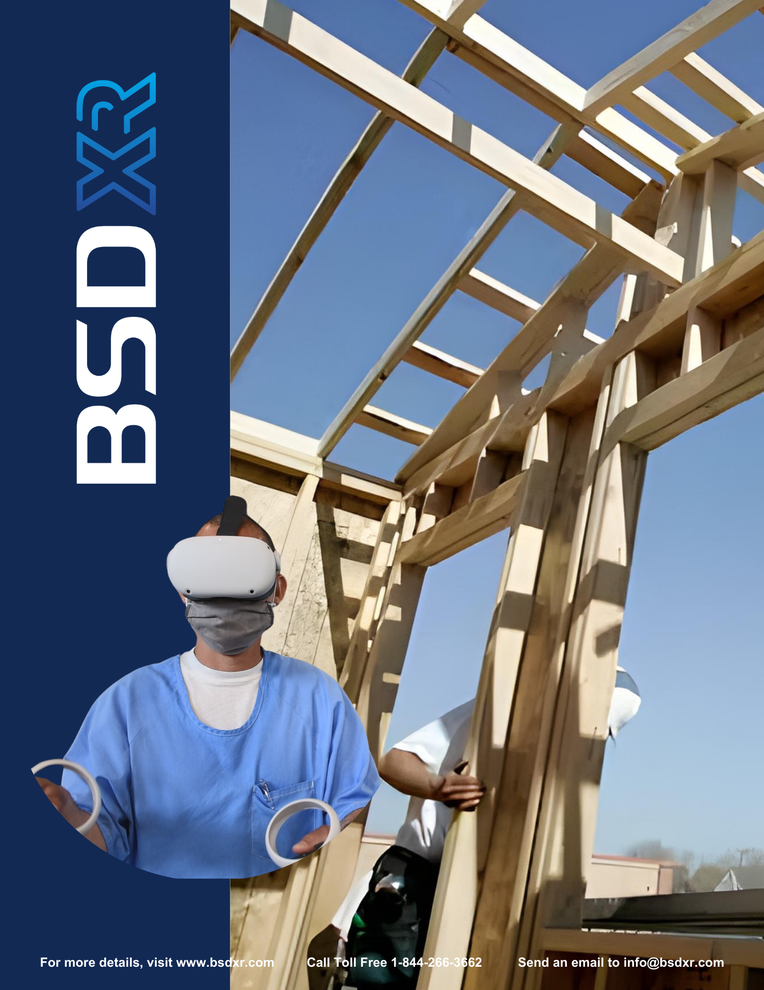 A man wearing a virtual reality headset is standing in front of a building under construction.