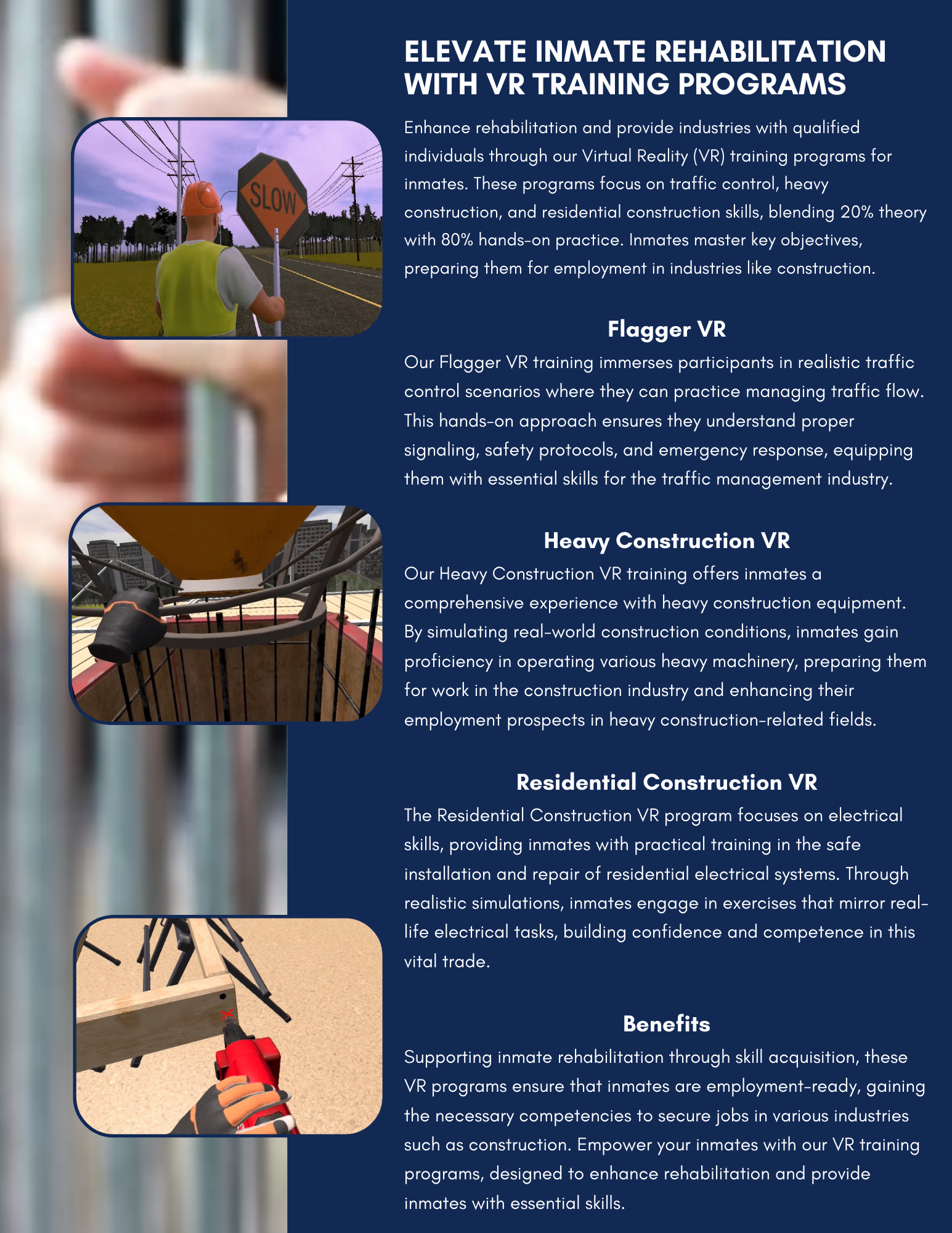 A flyer for elevate inmate rehabilitation with vr training programs