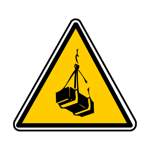 A yellow and black triangle sign with a crane hanging from it.