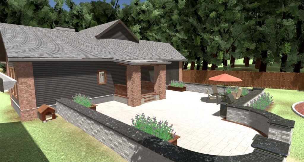 A computer generated image of a house with a patio and trees in the background.