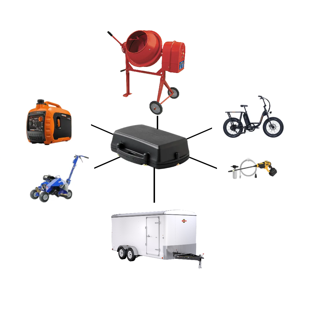 A diagram of a concrete mixer , a bicycle , a generator , and a trailer.