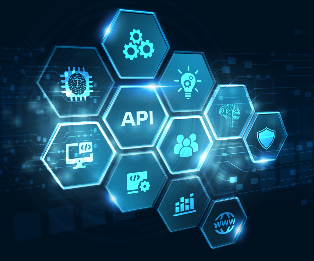 A blue hexagon with the word api on it surrounded by icons.