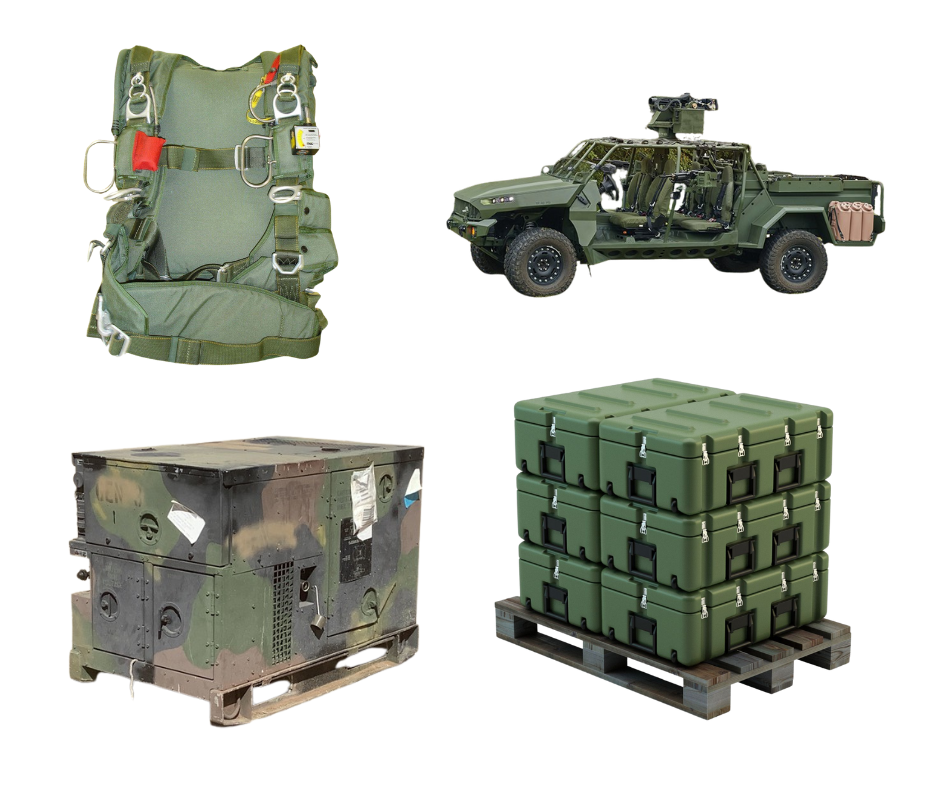 A military vehicle , a parachute , a crate , and a pallet.