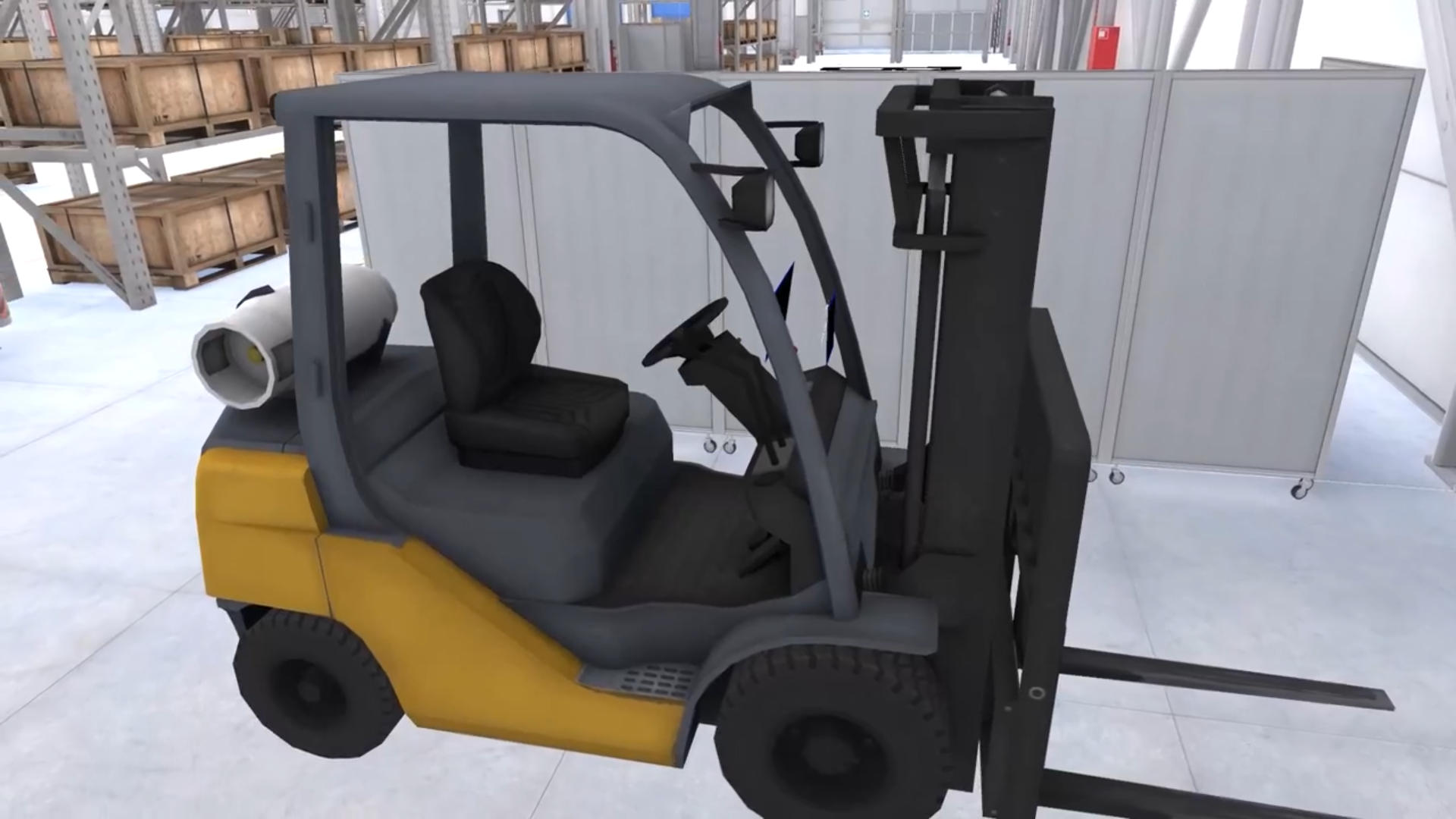 A yellow and black forklift is parked in a warehouse.