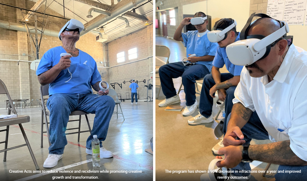 A group of men are wearing virtual reality headsets in a prison.