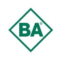 The ba logo is a green diamond in a square on a white background.