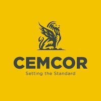 The logo for cemcor is a lion with wings on a yellow background.
