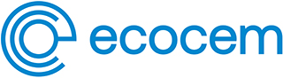 A blue and white logo for ecocem on a white background