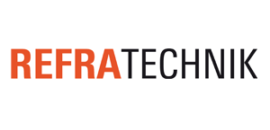 A red and black logo for refratechnik on a white background