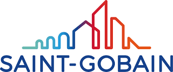 A colorful logo for saint-gobain with a city skyline in the background.
