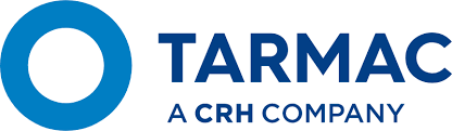 A blue and white logo for tarmac a crh company