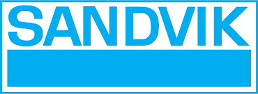 A blue and white sandvik logo on a white background