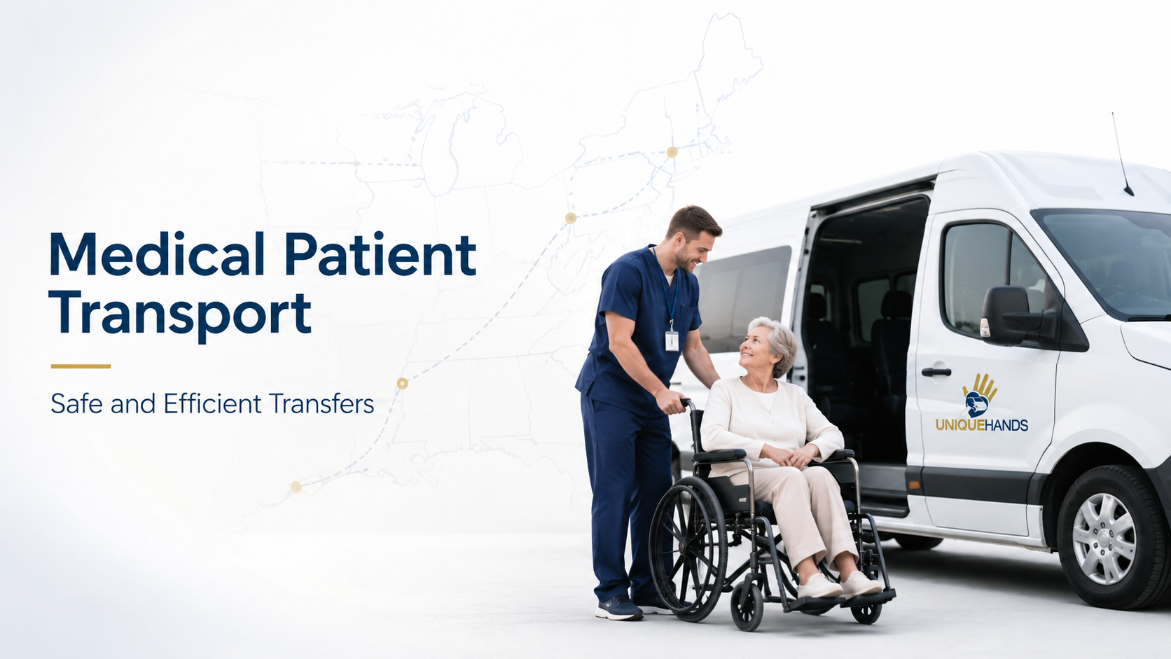 UniqueHands medical patient transport assisting a passenger during a safe non-emergency transfer