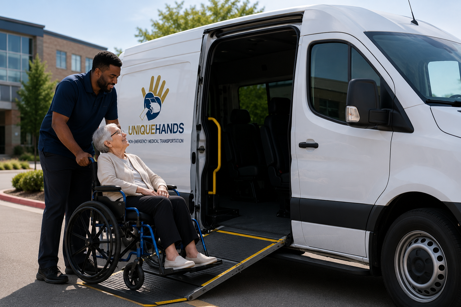 UniqueHands medical patient transport service assisting a passenger with non-emergency transportatio