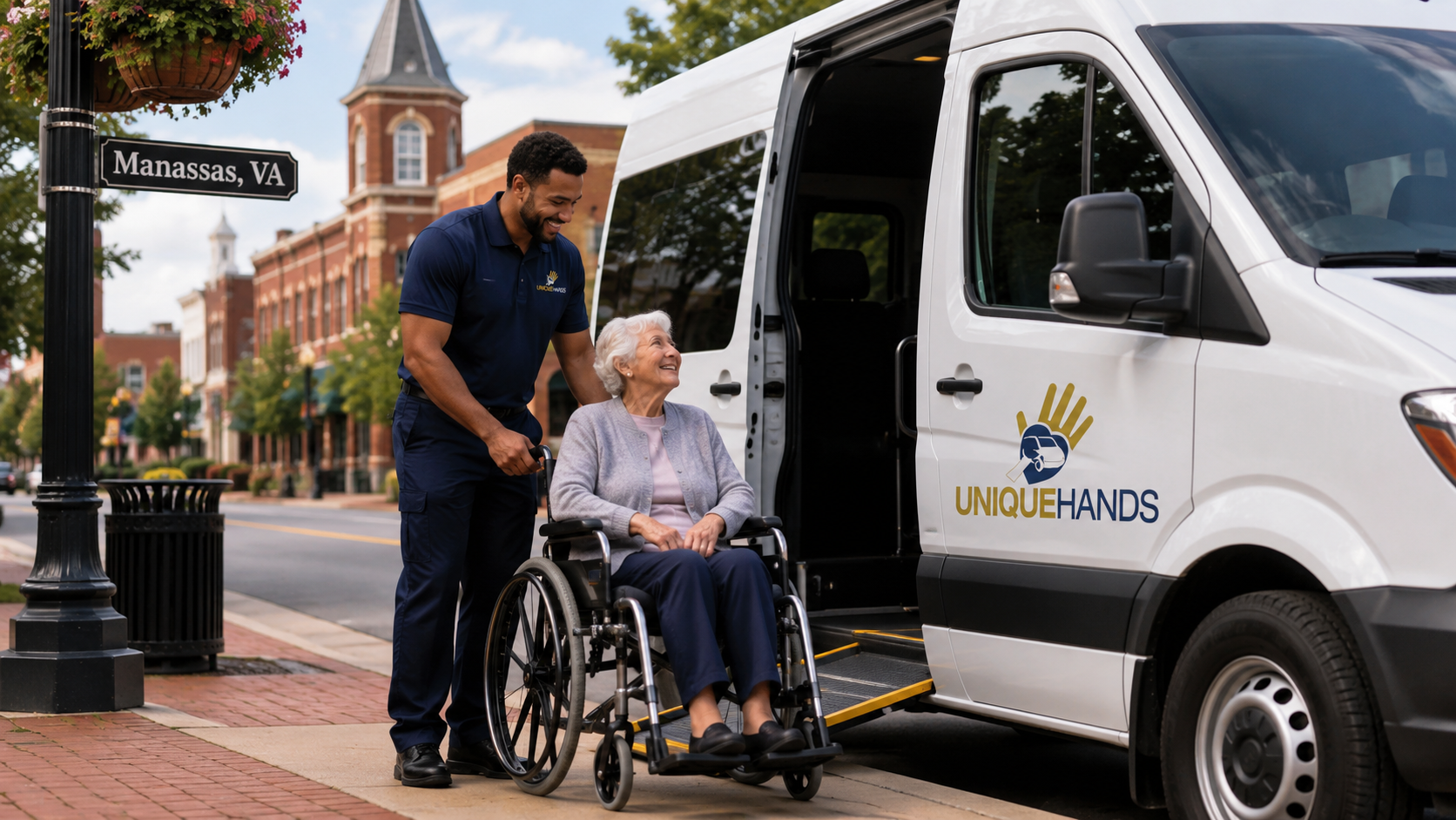 UniqueHands medical patient transportation assisting a passenger in Manassas Virginia
