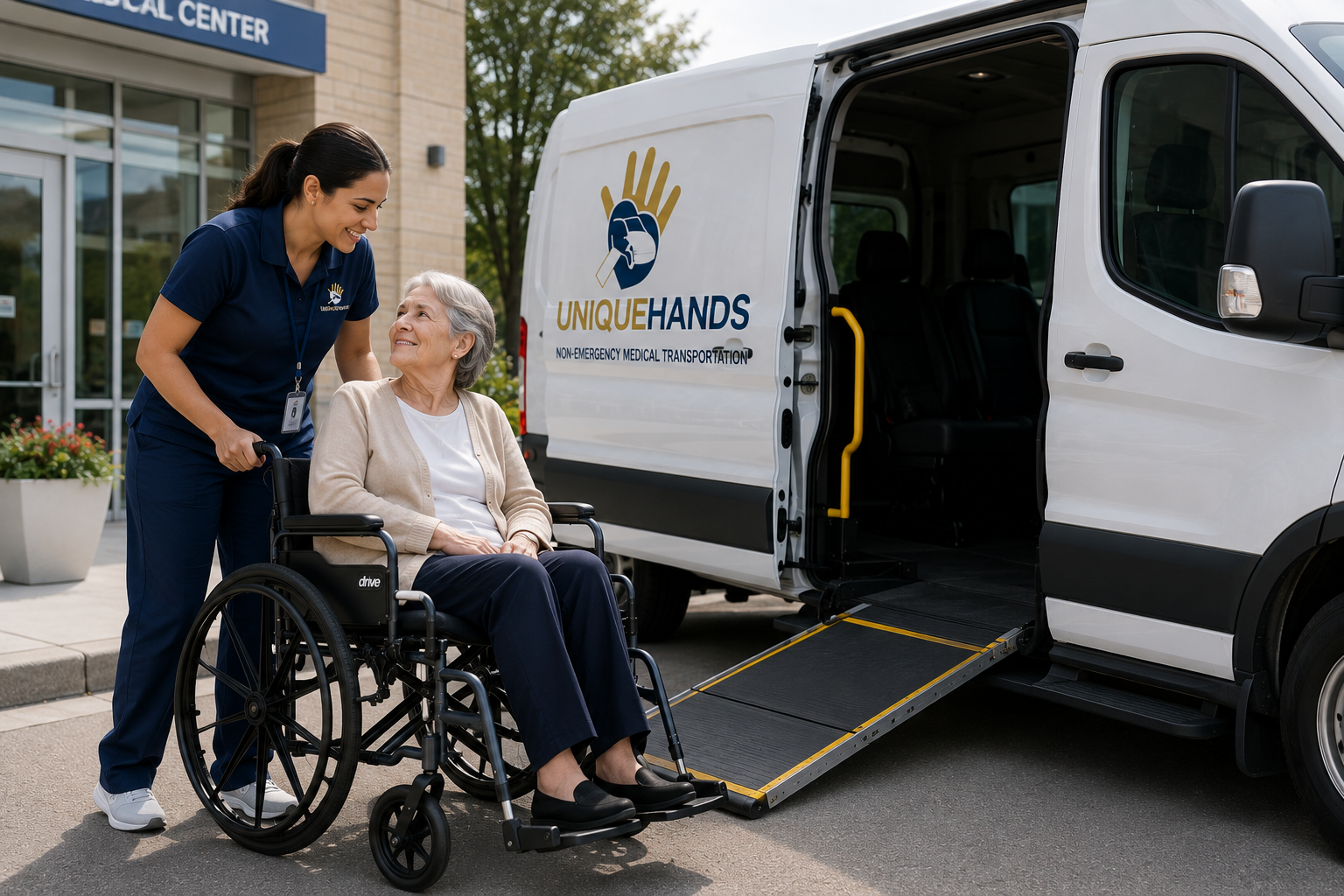 UniqueHands non-emergency medical ground transportation assisting a passenger traveling to scheduled