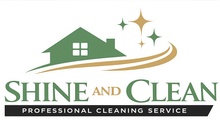 Logo for "Shine and Clean Professional Cleaning Service" with a green house icon and gold star accents on a white background.