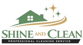 Logo for "Shine and Clean Professional Cleaning Service" with a green house icon and gold star accents on a white background.