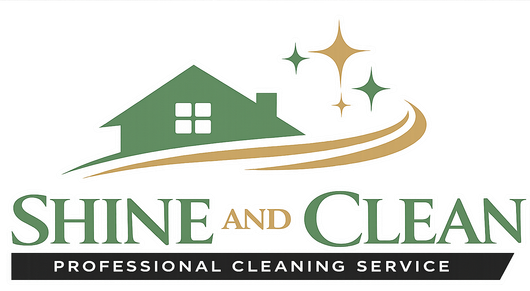 Logo for "Shine and Clean Professional Cleaning Service" with a green house icon and gold star accents on a white background.