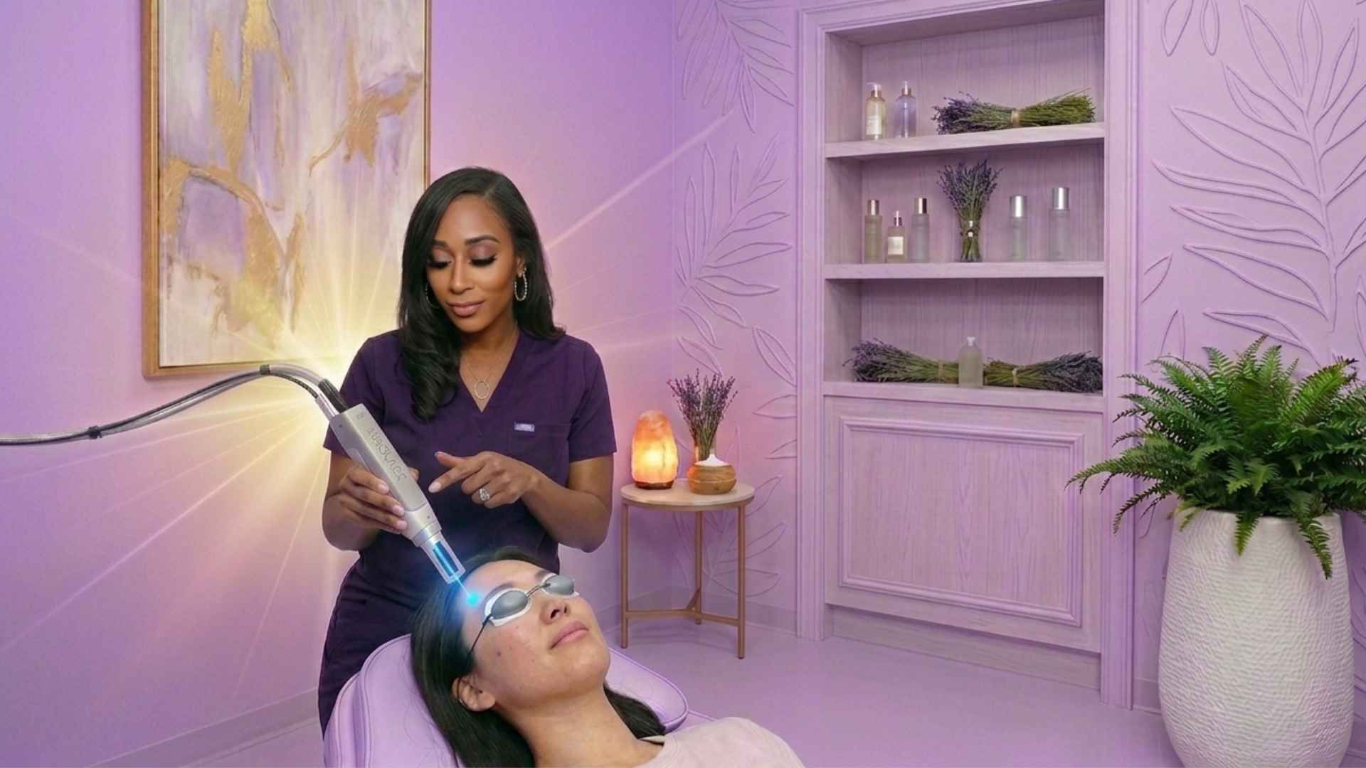 Learn More Advanced Aerolase Neo laser skin treatment being performed by Keke, owner of Opulence Wellness & Med Spa, in a luxury lavender treatment room near Tucker, Georgia 30084.