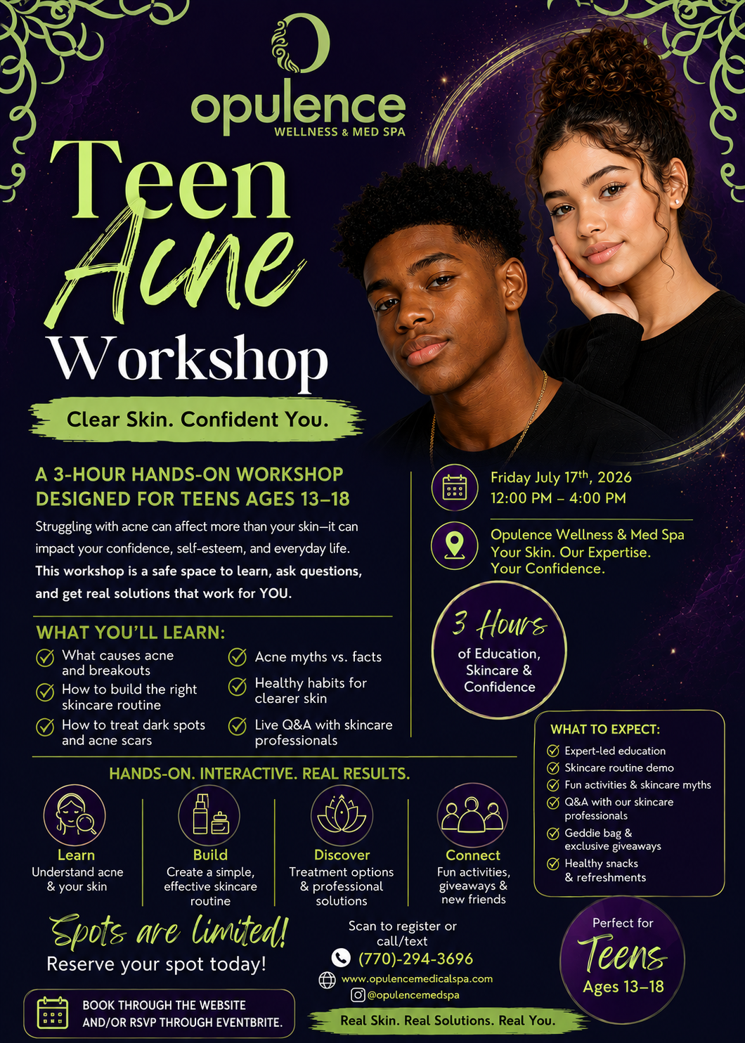 Teen Acne workshop flyer in black and green with event details and two portrait photos