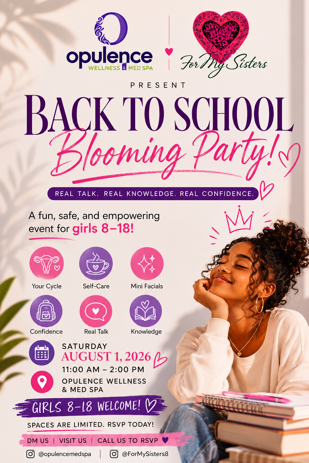 Back to School Bloom Party poster with purple-pink design, event details, and smiling teen girl beside stacked books