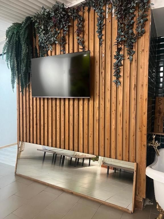 A television mounted on a vertical wood-slat wall decorated with trailing green plants, featuring a floor mirror below.